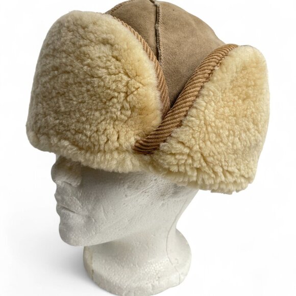 Vintage Shearling Sheepskin Aviator Trapper Canada Made Crown Cap Hat Medium - Picture 2 of 12